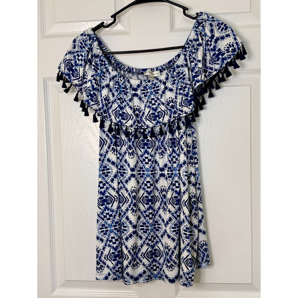 Neiman‎ Marcus Off-the-Shoulder Top Women XL Blue White Ikat Tassel Boho